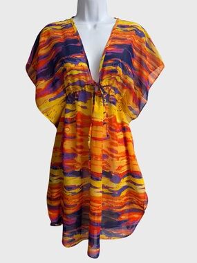 Josa Tulum Kaftan-Style Tunic Top All-Around Drawstring Tie Swim Cover-up O/S